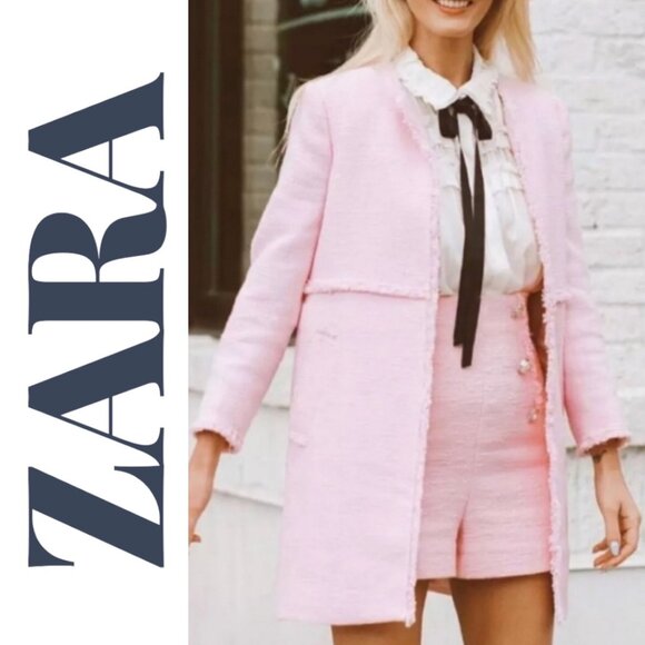 ZARA  Blush Pink Tweed Frayed Edge Longline Open Front Jacket Coat, Size Small - Picture 7 of 13